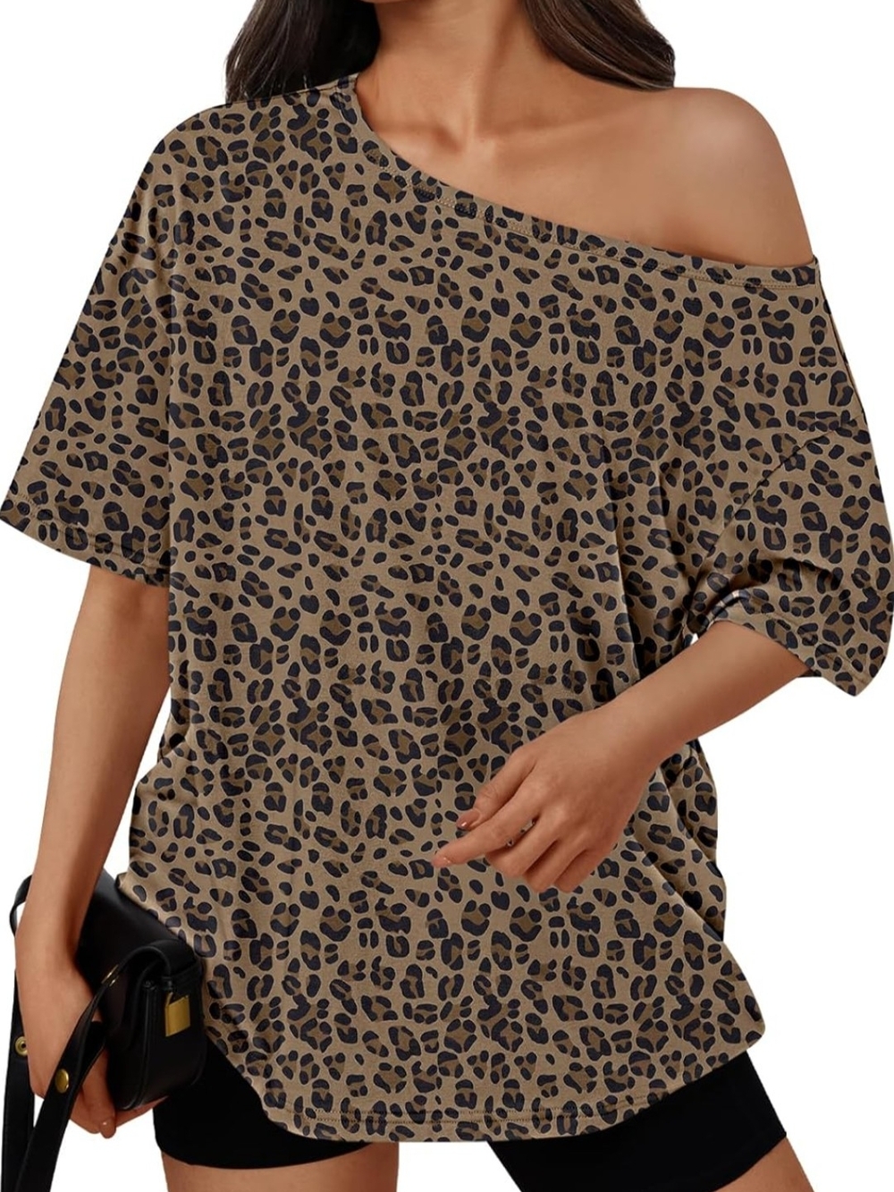 Oversized Off-Shoulder Leopard Print Women’s Top in Tan and Black